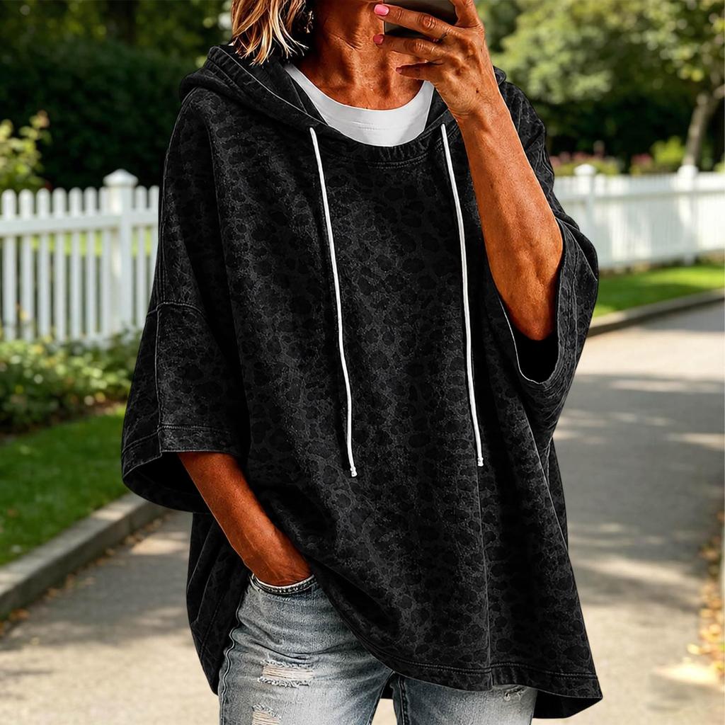 Damen Casual Sweatshirt mit Leopardenmuster und Dreiviertelärm, lockere Passform, Pullover Top