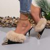 Women Elegant Fluffy Fur High Heels Sandals Summer Metal Pointed Toe Mule Slippers Woman Plus Size Kitten Heel Party Shoes