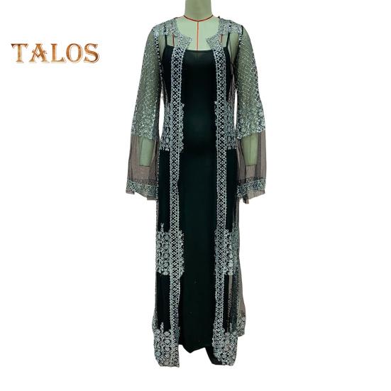 2 Pcs/Set Women Evening Dress Big Swing Shiny Bronzed Cardigan Slip Dress Set See-through Mesh Long Sleeve Coat Cocktail Events Special Occasions
