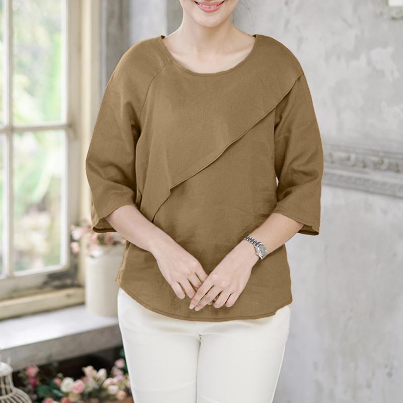 

ZANZEA Женская повседневная блузка с круглым вырезом, однотонная, летняя, с рукавом 3/4 5XL хаки