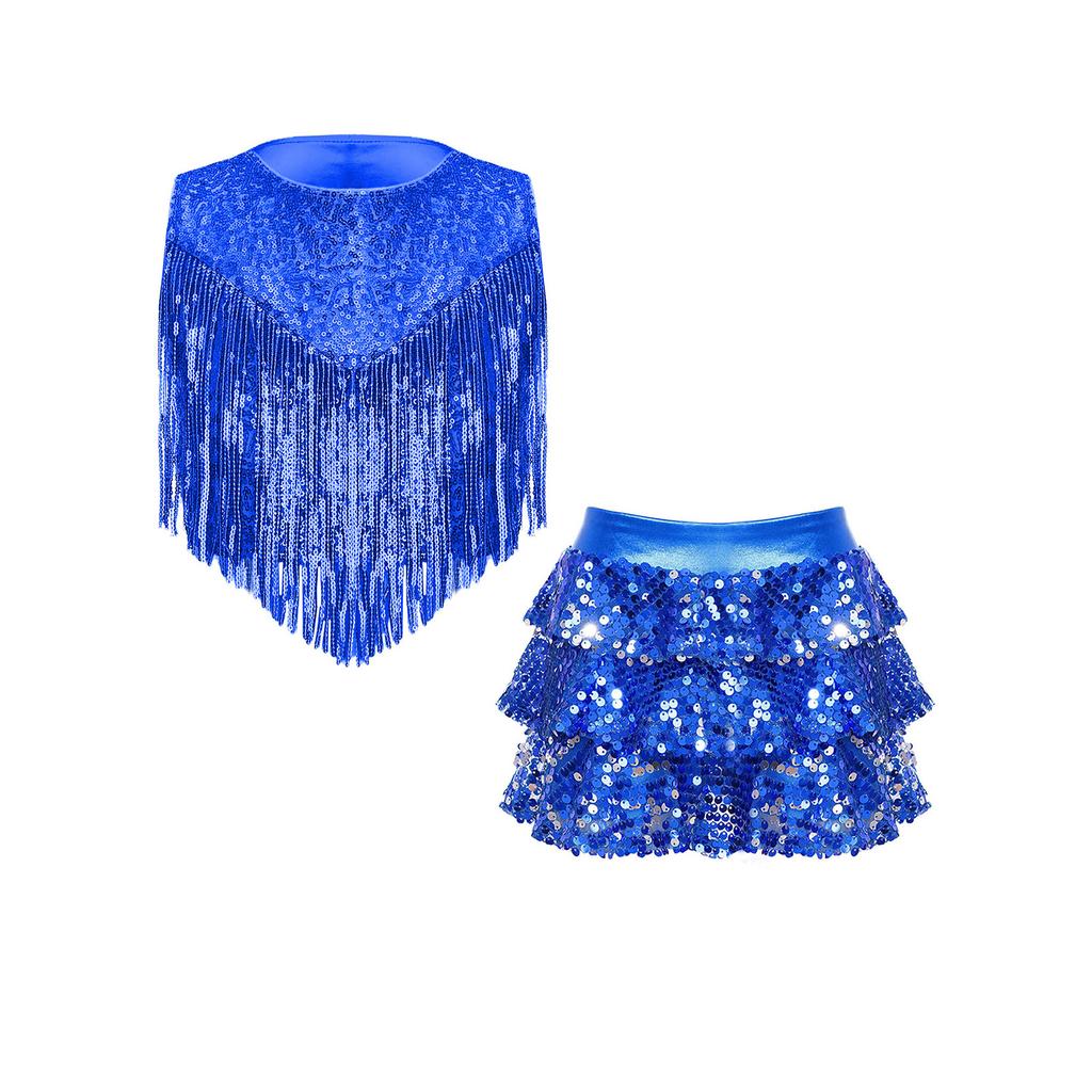 Girls Disco Dance Costume Set Metallic Gloss Sequins Sleeveless Top Tassels Tiered Ruffle Skirted Shorts