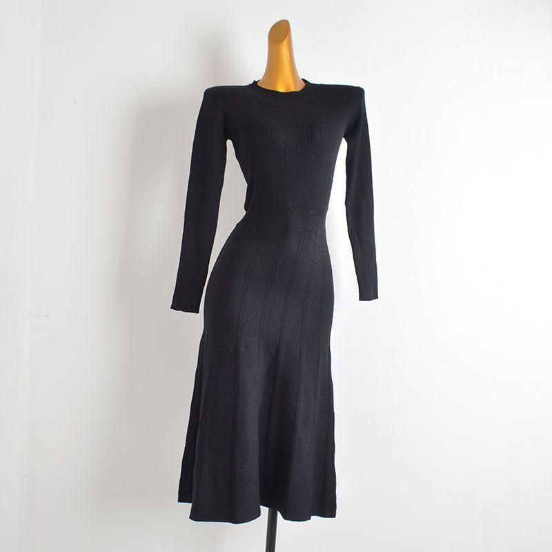 

Fall and Winter New Arrival Pure Color round Neck Long Sleeves Knitting Dress Women s Waist Slim Looking Mid Length Long Length Sheath A- line Skirt Black