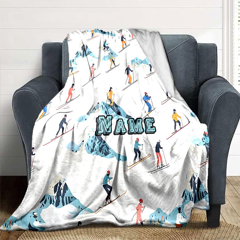 Skiing Adventure On Snowy Peaks With Skiers Multipurpose Personalized Text Comfortable Versatile For Sofa Couch Office Bed Picnics Ideal For All