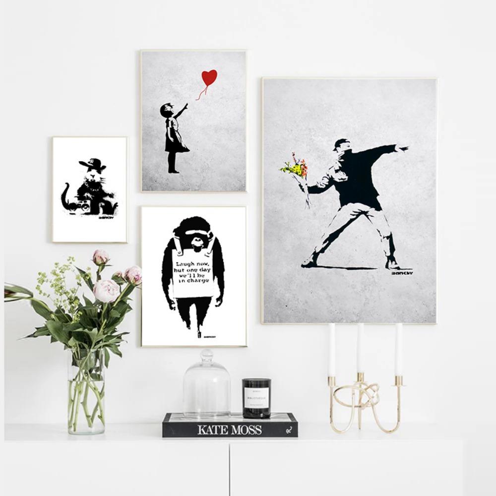 Banksy Pop Art Abstract figure painting canvas painting girl and Red balloon poster printed wall living room wall decoration