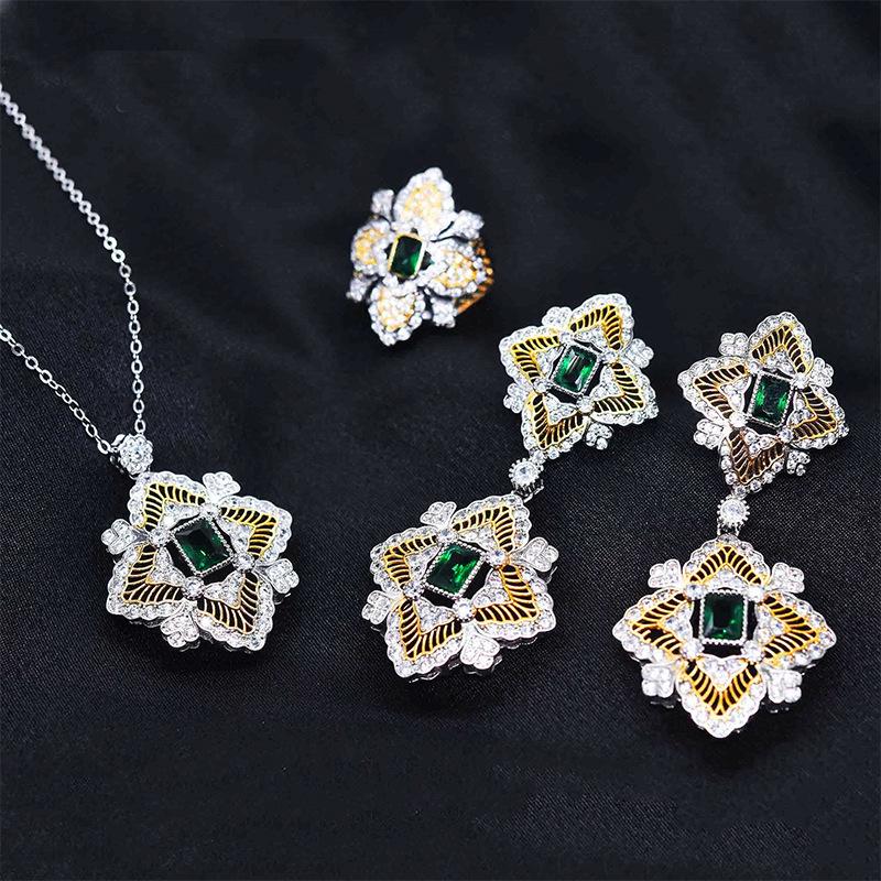 Weave Engraved Gold Imitation Emerald Suit Lace Hollow Filament Ring Long Earrings Green Diamond Necklace