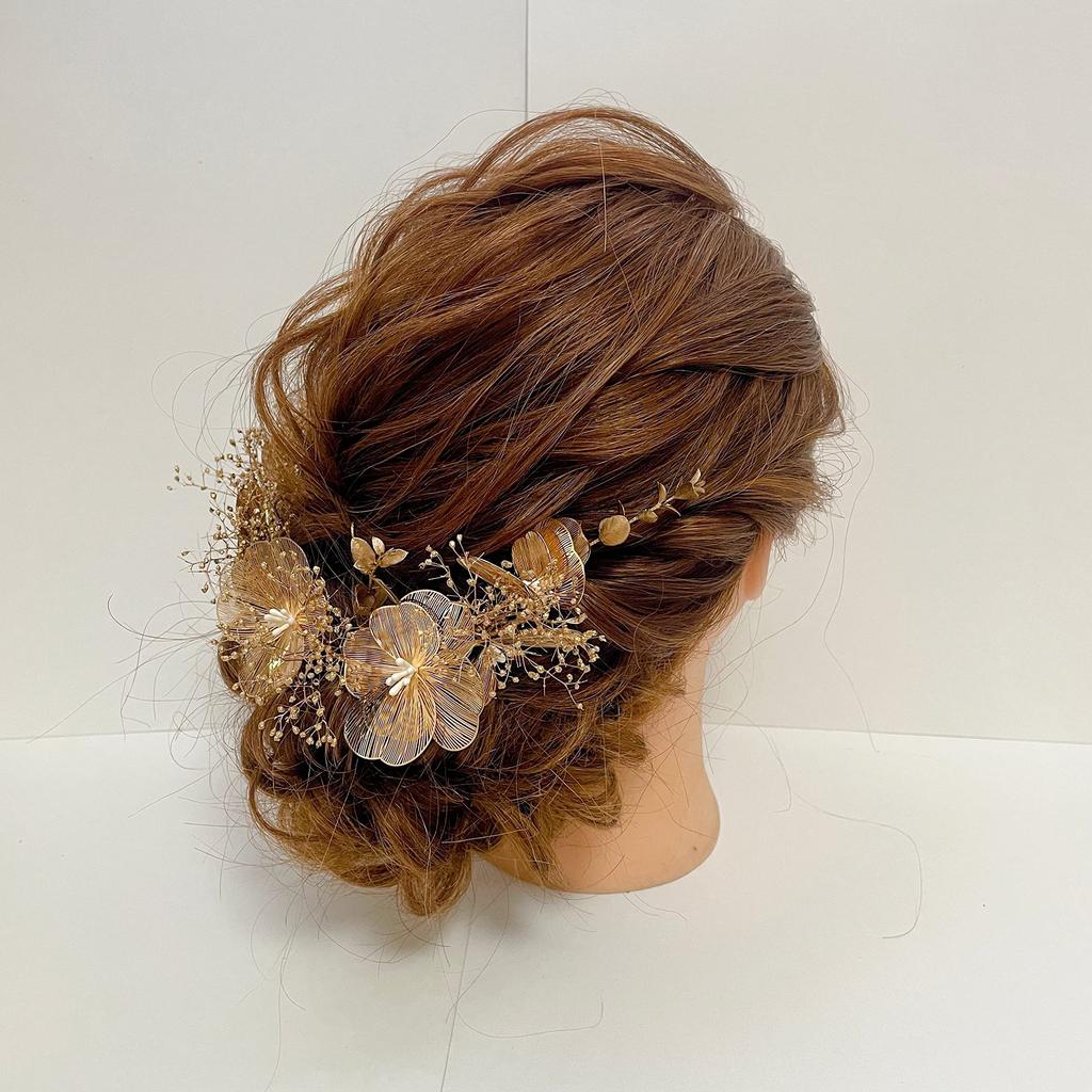 Gold Flower Headpiece with Dried Breath Perfect for and Baby's Leaves, Kimono, Coming-of-Age Ceremonies, Graduations, Weddings, Furisode/Hakama.