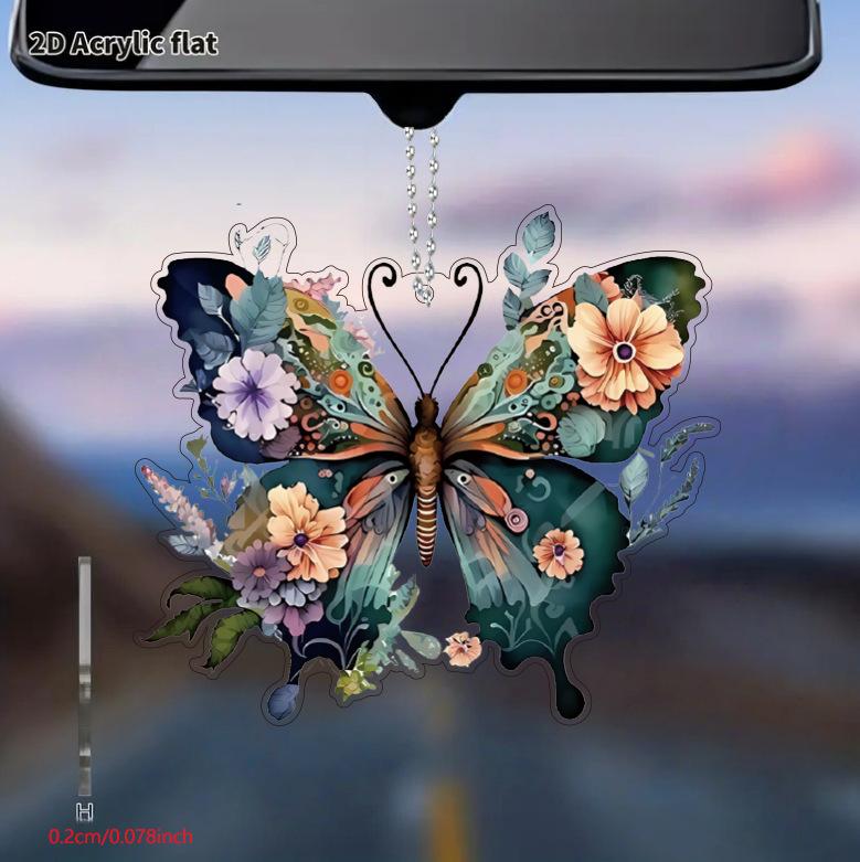 

1PC explosive acrylic flat butterfly flower creative pendant car rearview mirror decoration pendant home festival