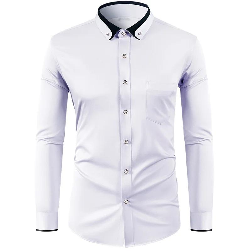 Elastic Shirt Men's Long Sleeved Diamond Buckle Contrasting Collar Design Solid Color Slim Fit Men's Shirt Men's Clothing