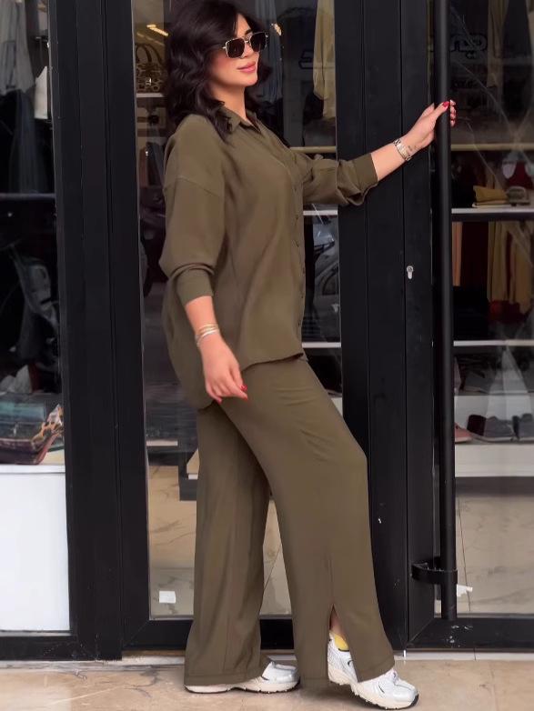 2025 Fall Western Fashion Long Sleeve Shirt & High Waist Pants Two-Piece Set for Women