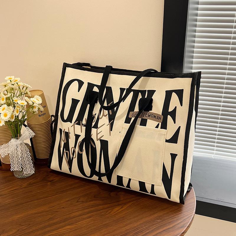 

Новая сумка-тоут для通勤, холщовая сумка с мультяшной росписью, большая вместимость, на плечо, подмышку, тренд чёрный