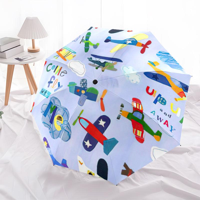 1pc Airplane Theme Pattern Umbrella Portable Folding Umbrella Iron Frame Hole Bone Structure Outdoor Home Umbrella