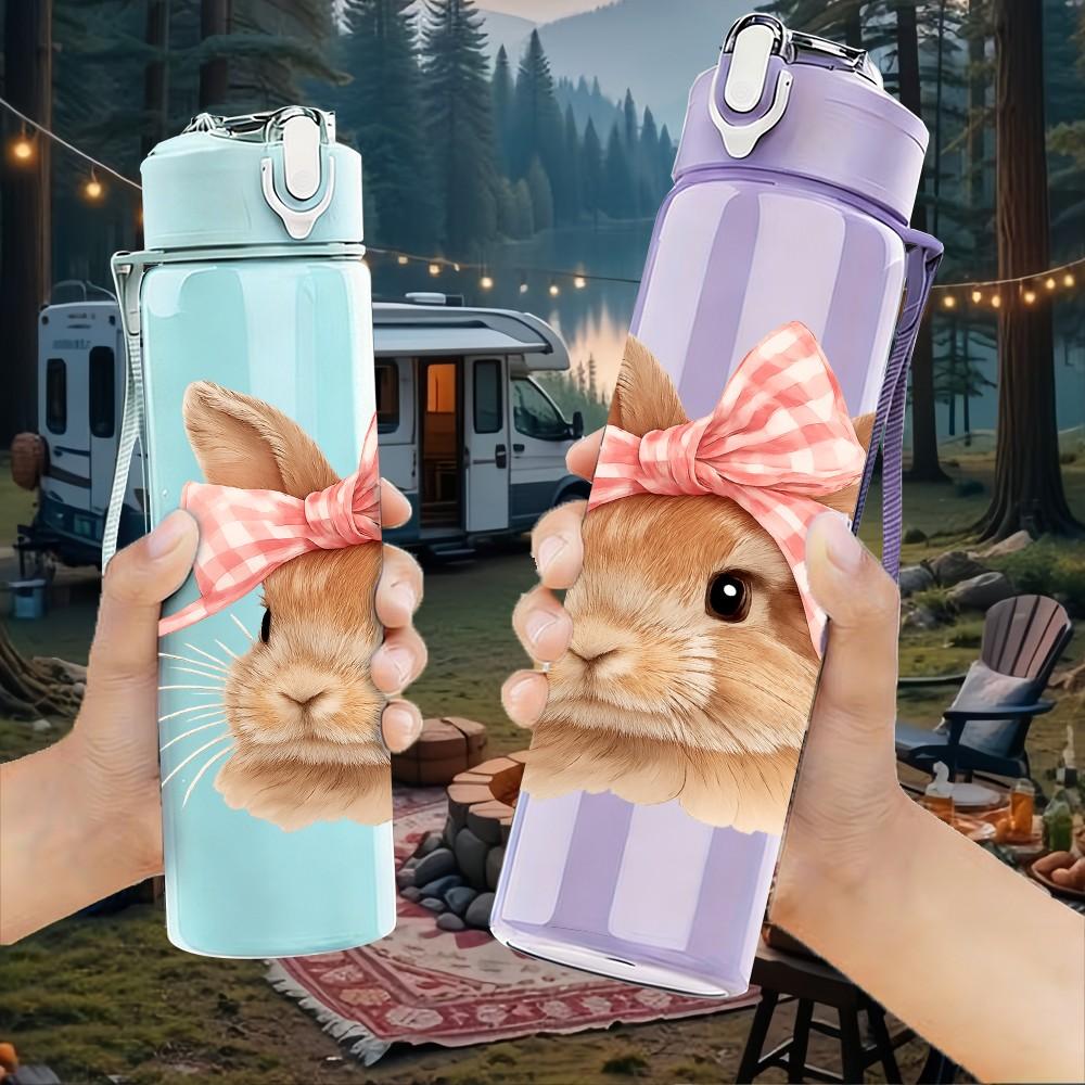 1PC Big Bow Easter Bunny 750ml Color Plastic Sports Water Bottle Leakproof Flip Straw Lid Suitable for Sports Office Home Use