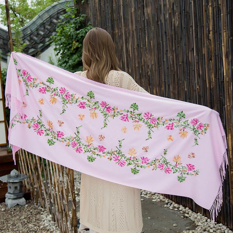 Yunnan Lijiang Women's Ethnic Embroidered Black Tassel Shawl, Thick and Warm, Imitation Cashmere, Oversized for Autumn and Winter