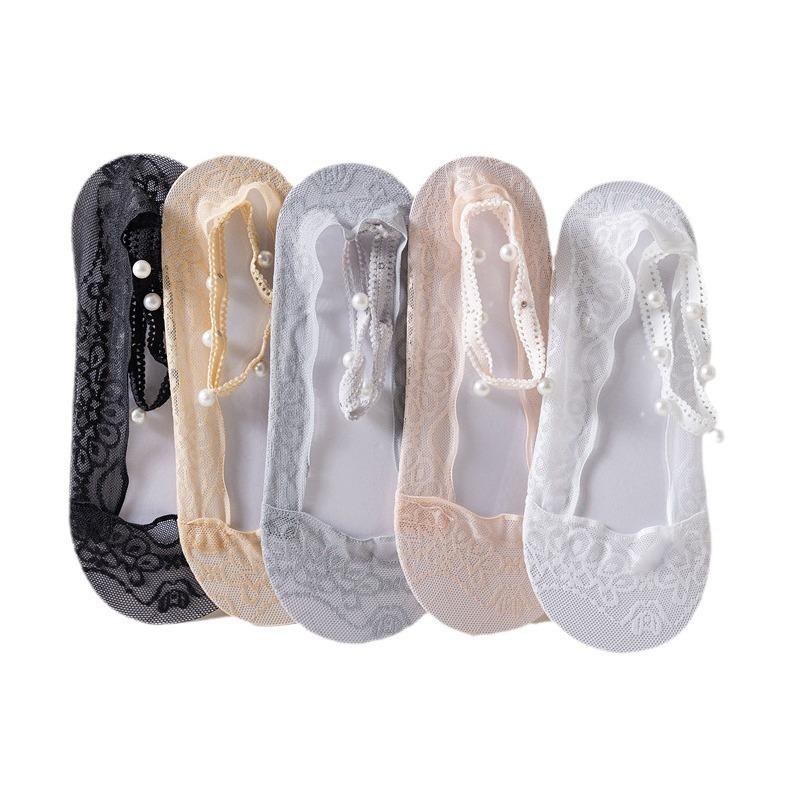 5 Pairs of Women's Summer Thin Lace Lace Lace Pearl Halter Boat Socks