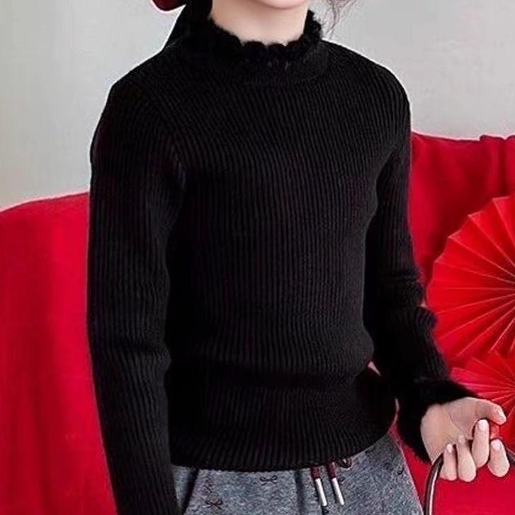 Girls Semi Turtleneck Fleece Lined Knit Sweater Ruffle Trim Thick Warm Pullover Top