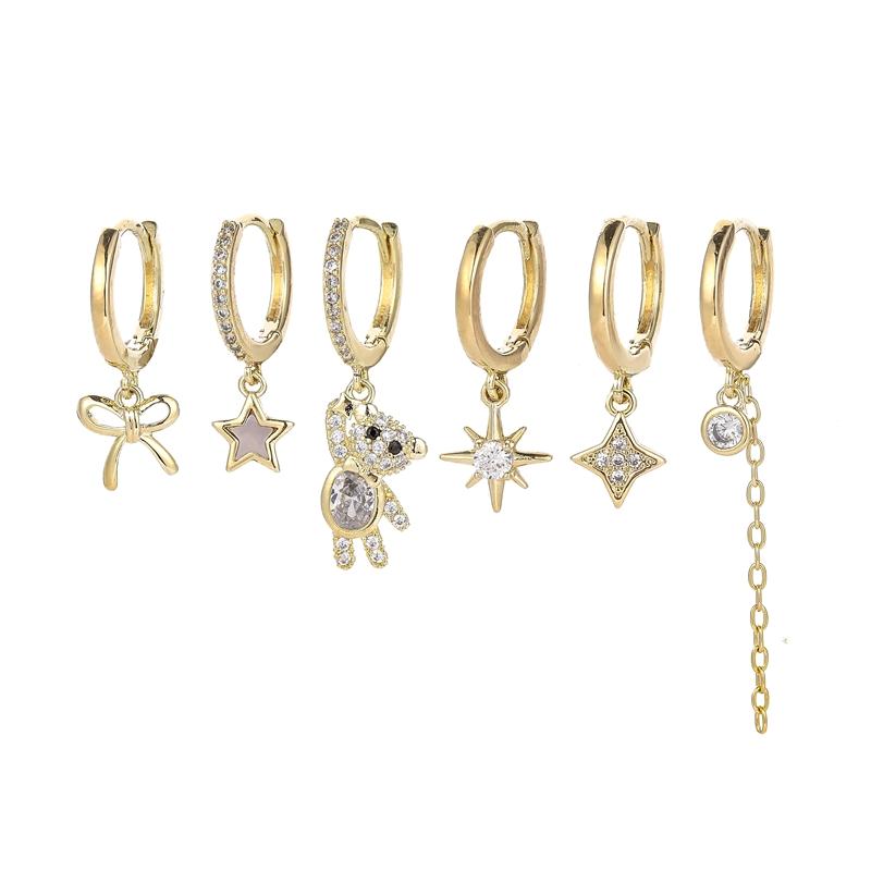 

ANENJERY серьги с цирконием и звездами и бантом в виде медведя для женщин, изысканный милый комплект серег из 6 предметов, подарок для девочки
