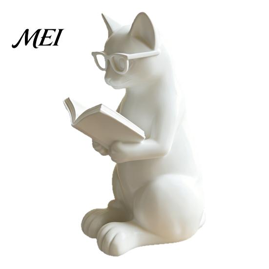 Cute Cat Figure 3D Printed Reading Figurine, Decorative Ornament with Weighted Anti-Slip Base, Sculpture Intellectual Statue Eye Glasses for