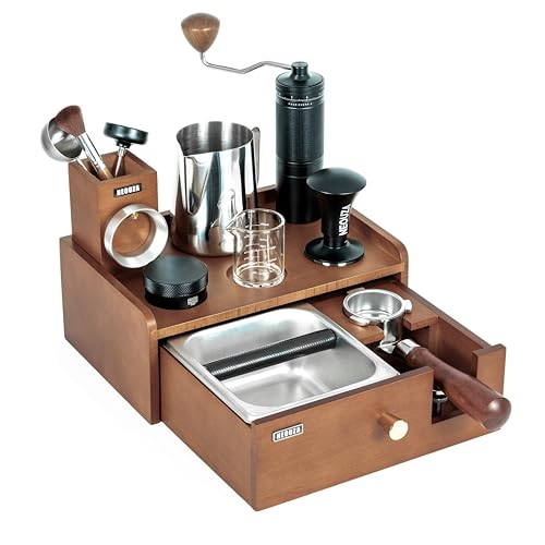 NEOUZA Multifunctional Barista Station | Built-in Knock Box & Tamper Stand, Removable Drawer, Beech Wood Stainless Steel Organizer for 51/54/58mm Port