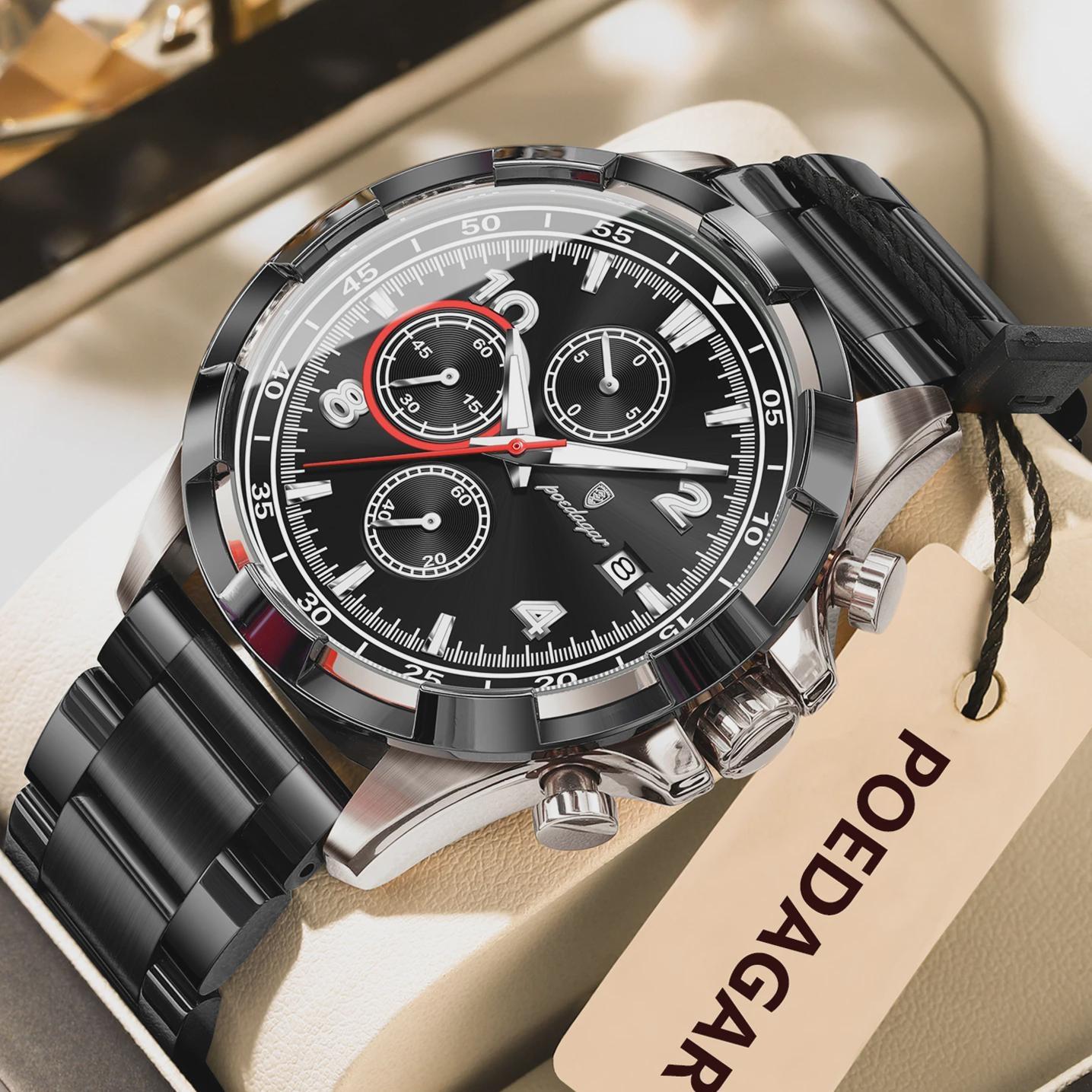 

POEDAGAR Men s Watch Luminous Waterproof Stainless Steel Male Watch Chronograph Date Sports Quartz Watches чёрный/серебряный