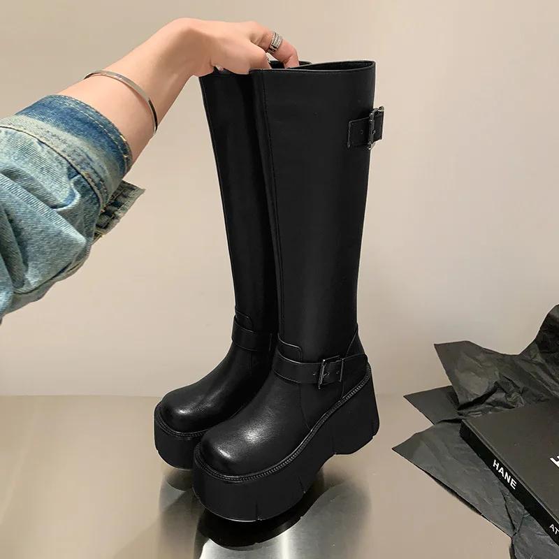 Women's Shoes Basic Women's Boots Classics Knee-High Boots Women Belt Buckle Side Zip Round Toe Wedge Platform Shoes Ladies
