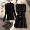 Women's Fashion Woolen Plaid A-Line Dress with Knitted Shirt