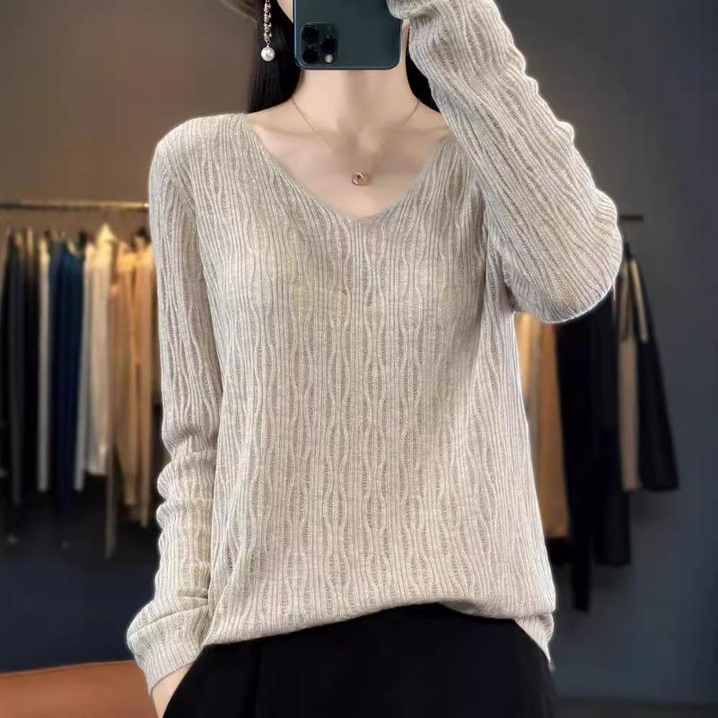 Neues V-Ausschnitt Hollow Bottoming Shirt Damen Pullover Kammgarnwolle leicht transparent lässig locker Pullover Top