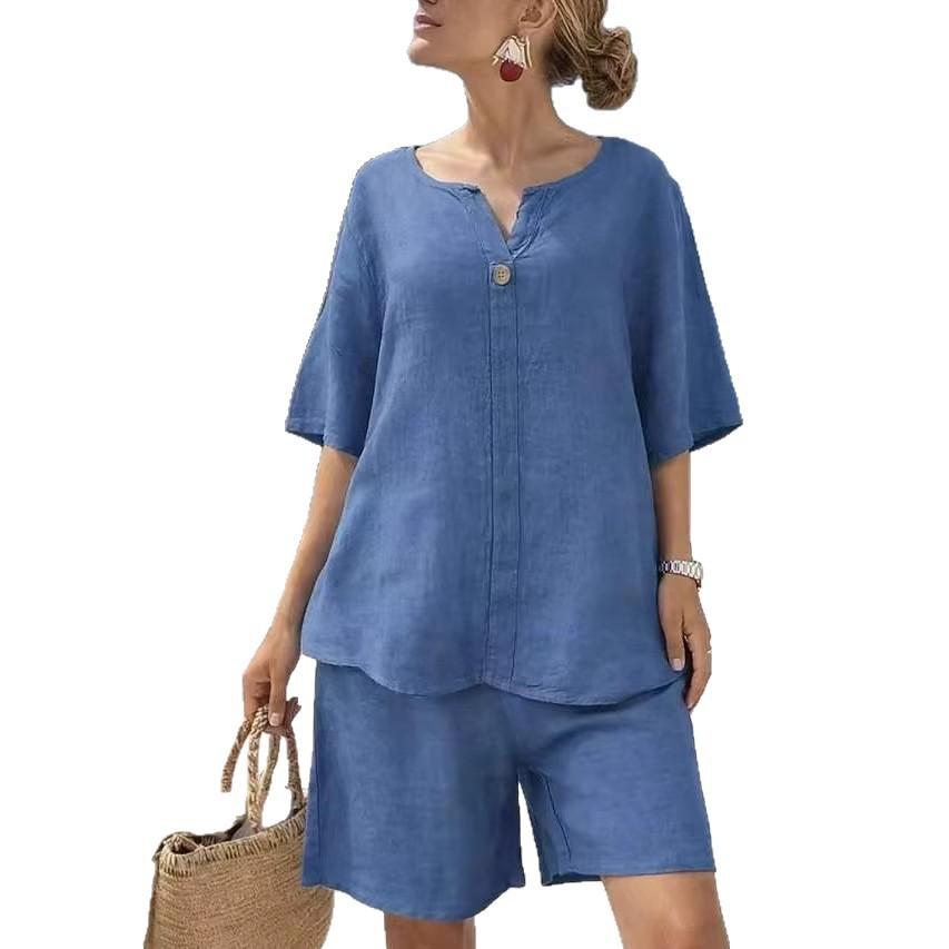 Women Pink Short Sleeve Top and Shorts Set Casual V Neck Button Loose Fit Two Piece Outfit
