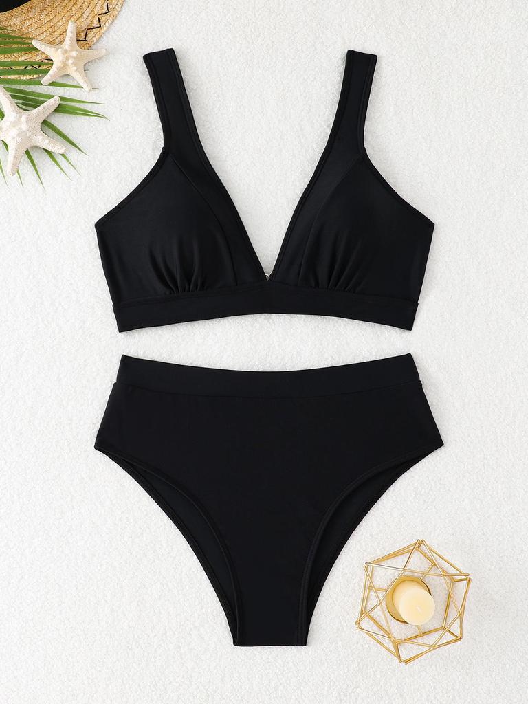 Damen High-Waist Bikini Zweiteiler Unifarben