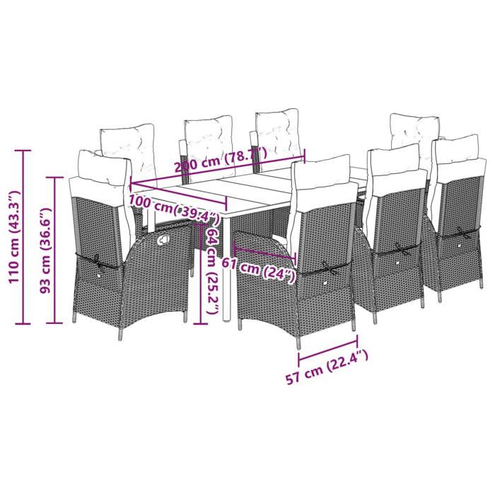 VidaXL Ensemble à Manger de Jardin avec Coussins 9 pcs, Table et Chaise de Terrasse, Meubles de Patio, Mobilier d'Extérieur, 3213272