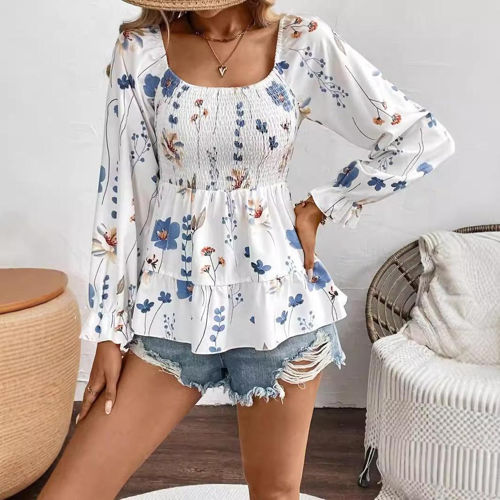 Autumn and Winter Women's Elegant Floral Print Corset Long Sleeve T-Shirt
