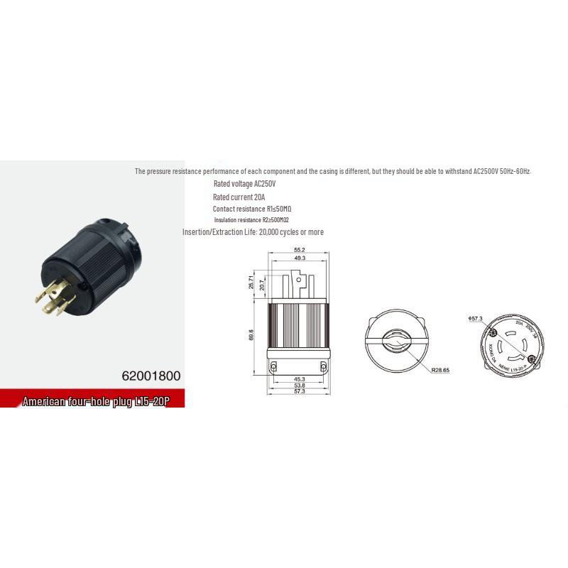 NEMA15-20P Four-Hole Locking Industrial Plug 20A 125-250V.