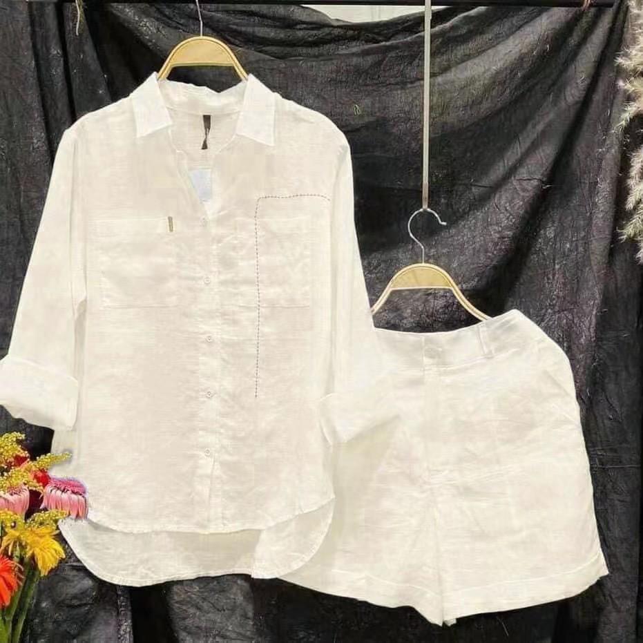 2023 Summer Women's Cotton Linen Long Sleeve Cardigan Two-Piece Set