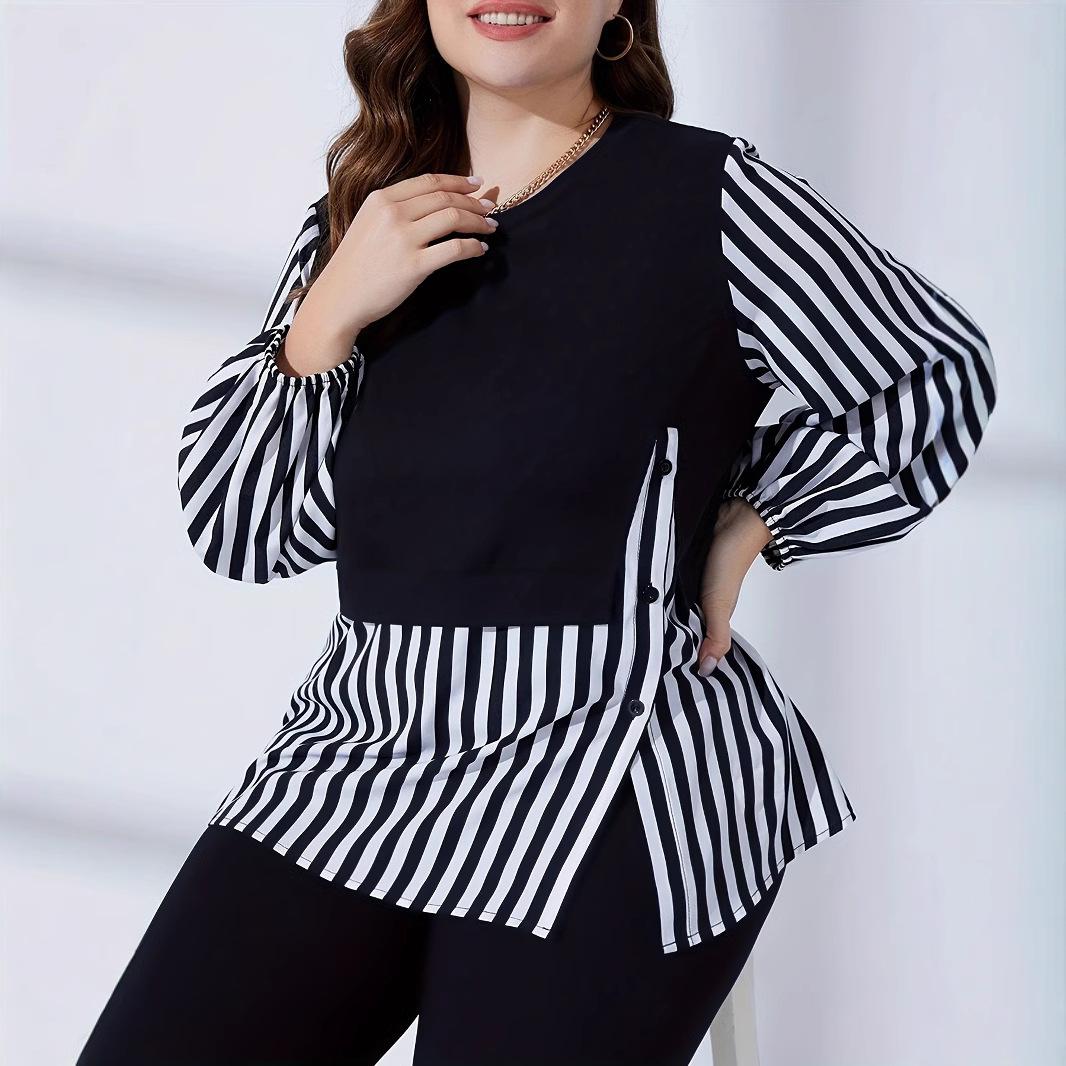 

Плюс Размер Женская мода полосатый пэчворк топ однотонные леггинсы повседневный комплект из двух частей 4XL чёрный