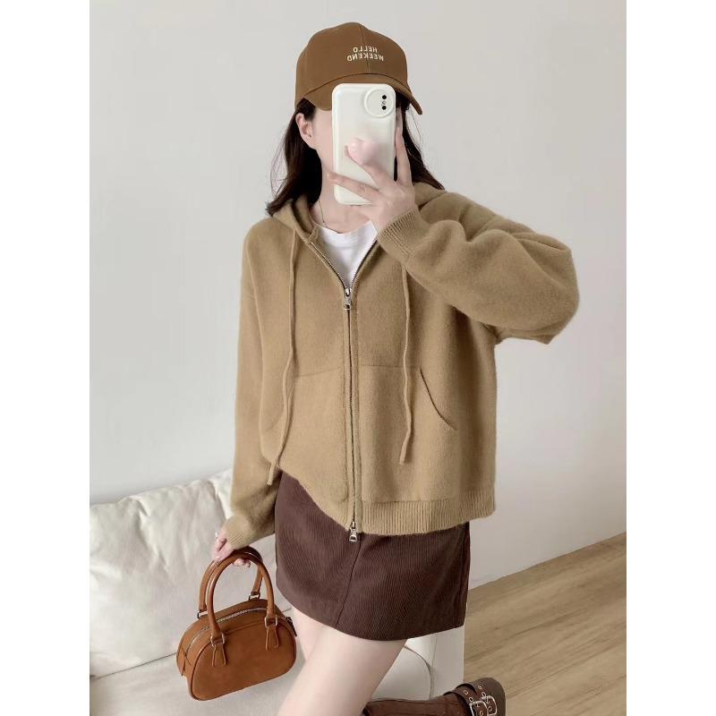 Autumn and Winter New Fashion Simple Double Zipper Hooded Knitted Cardigan Women's Solid Color Casual Loose Sweater Jacket