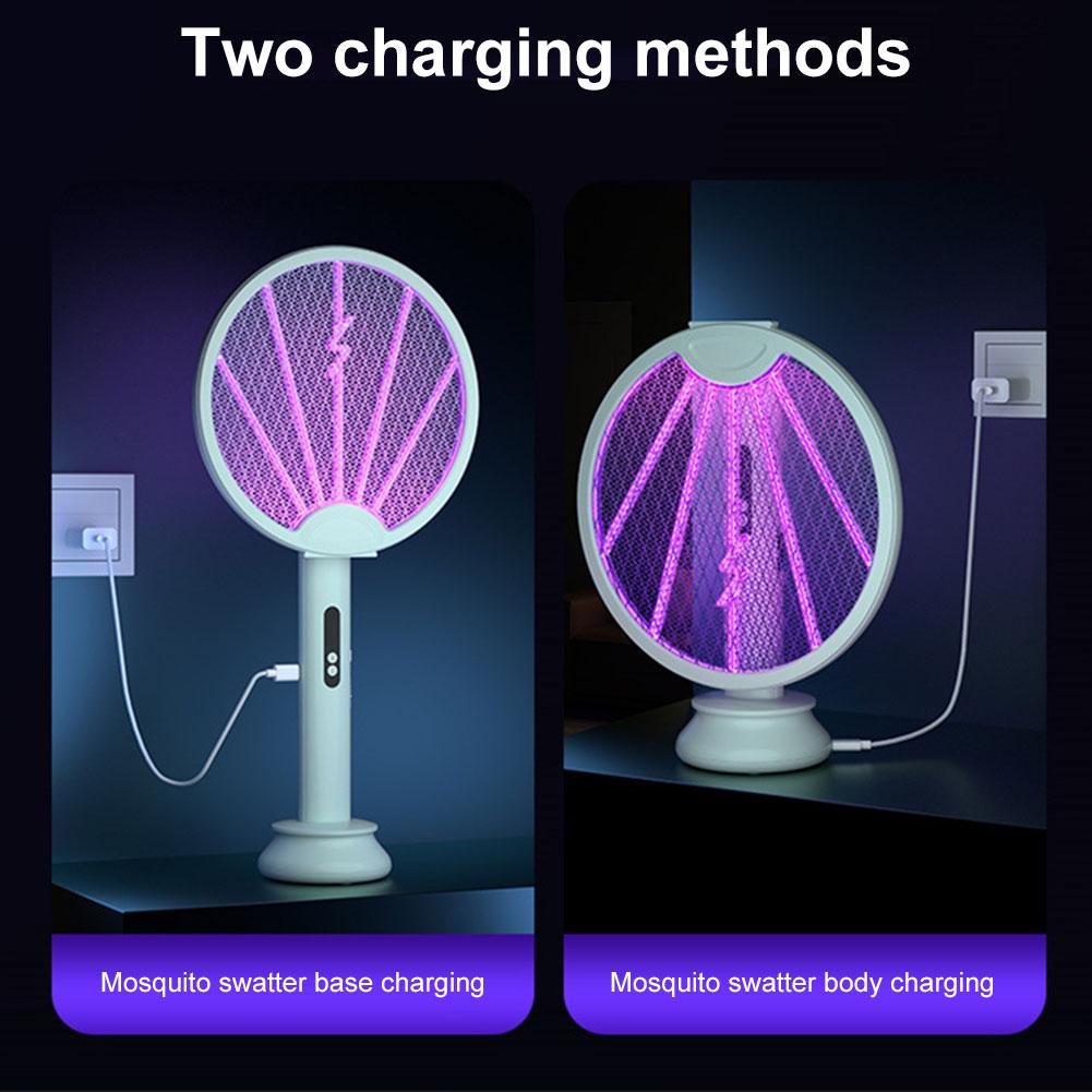 3 In 1 Household Mosquito Racket with USB Rechargeable Base Insect Killing Lamp Portable Bug Zapper for Home Bedroom Living Room
