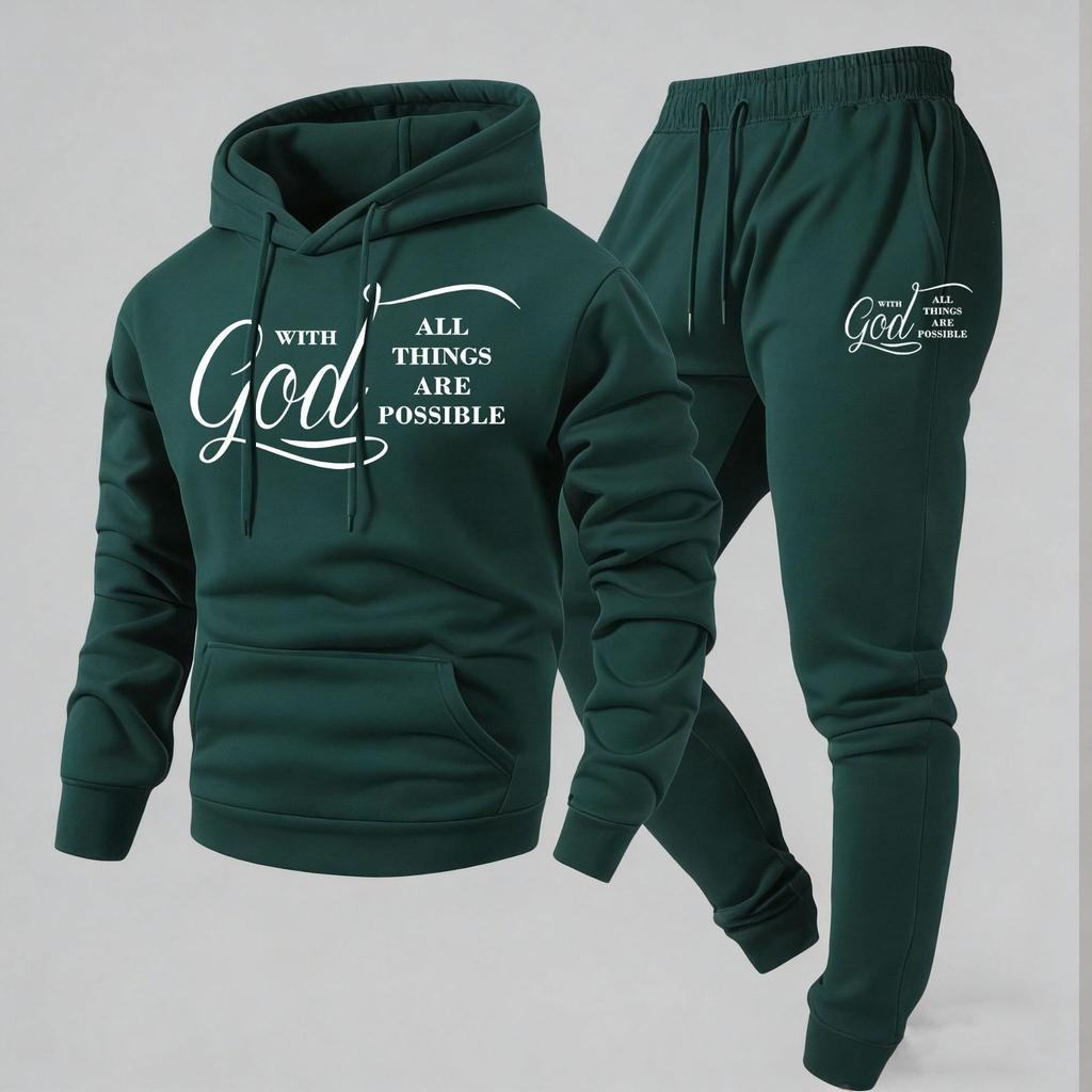 2026 New Arrival Men's Letter Print Hoodie & Pants Set - European and American Style, Hot Selling Two-Piece Outfit