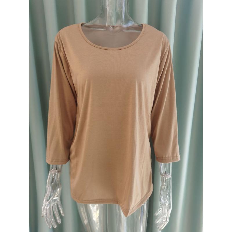 T-shirt uni à col rond et manches 3/4 pour femme - Haut décontracté à coupe ample