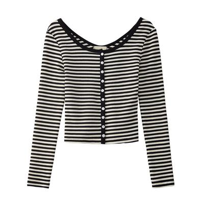 Shell Button High Waist Short Striped T-shirt for Women's Autumn Clothes New Slim Top