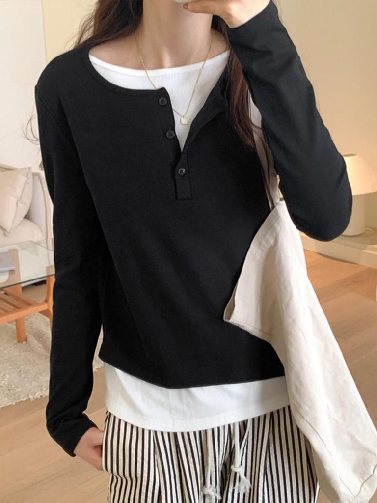 Women's Ribbed Cotton Slim Fit Two-Piece Look Long Sleeve Base Layer Top