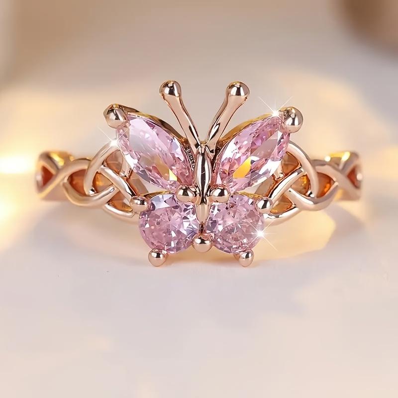Pink Diamond Butterfly Ring Fashion Exquisite Personality Design Ring Fashion Jewelry Women's Jewelry