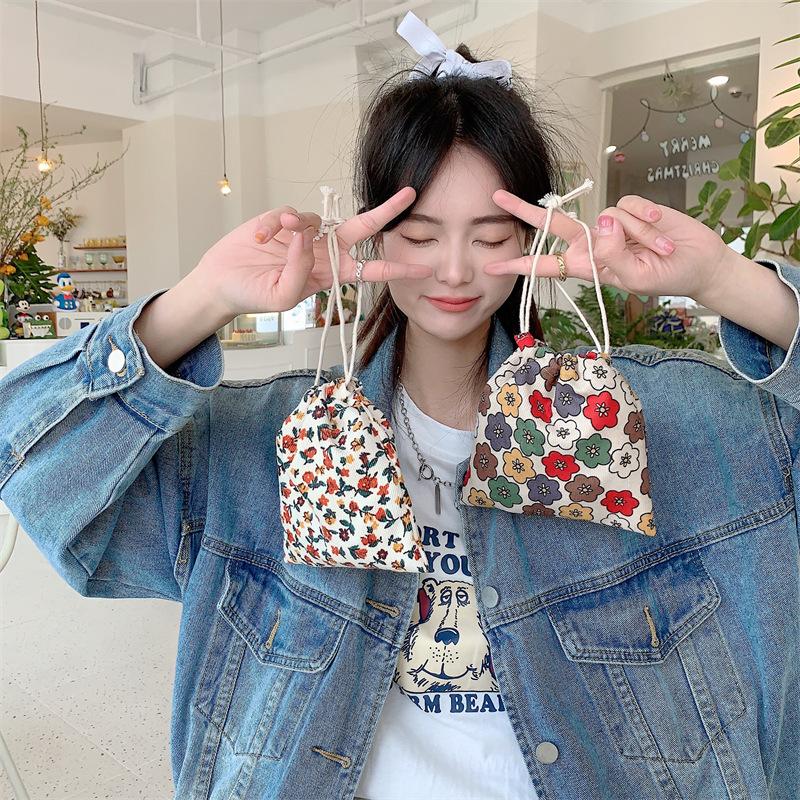Cute Floral Corduroy Small Coin Purse Drawstring Bag Handbags Woman Jewelry Lipstick Cosmetic Tote Rope Storage Pouch String Bag
