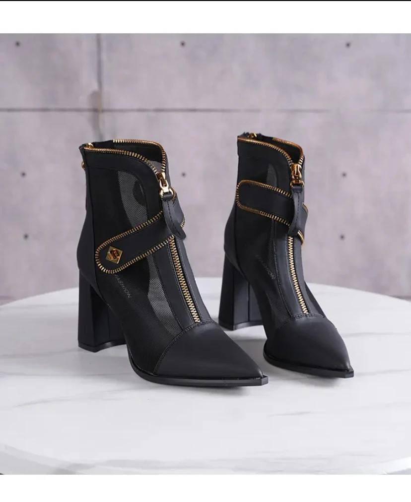 Women's Sandal Boots Pointed Toe Zipper Square Heel Mesh Upper Women Shoes Dress Fashion Mature Breathable Zapatillas De Mujer