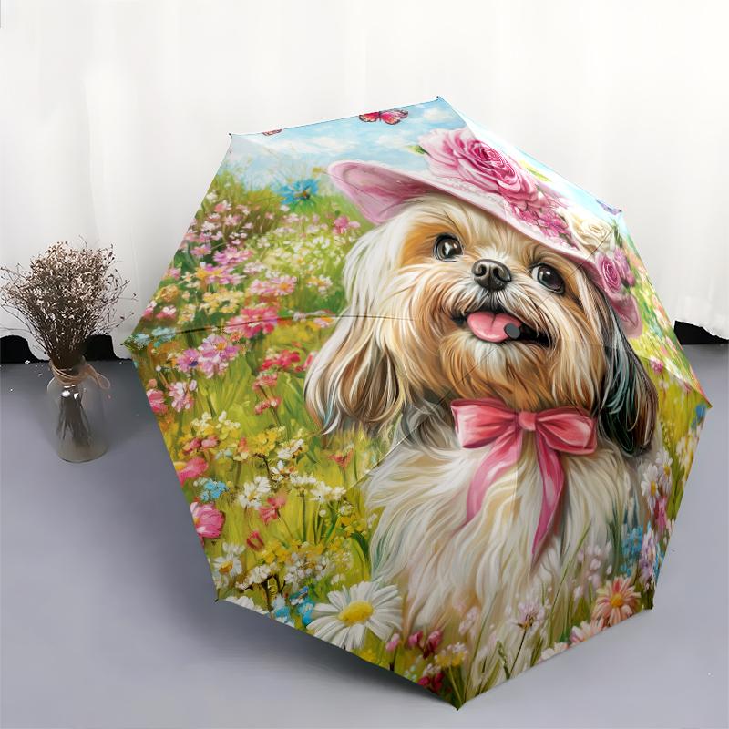 Muster mit Shih Tzu und Blumen, automatisch faltbarer Regenschirm, tragbares und faltbares Design, 8 Schirmstäbe, ein Weihnachts- oder Geburtstagsgeschenk.
