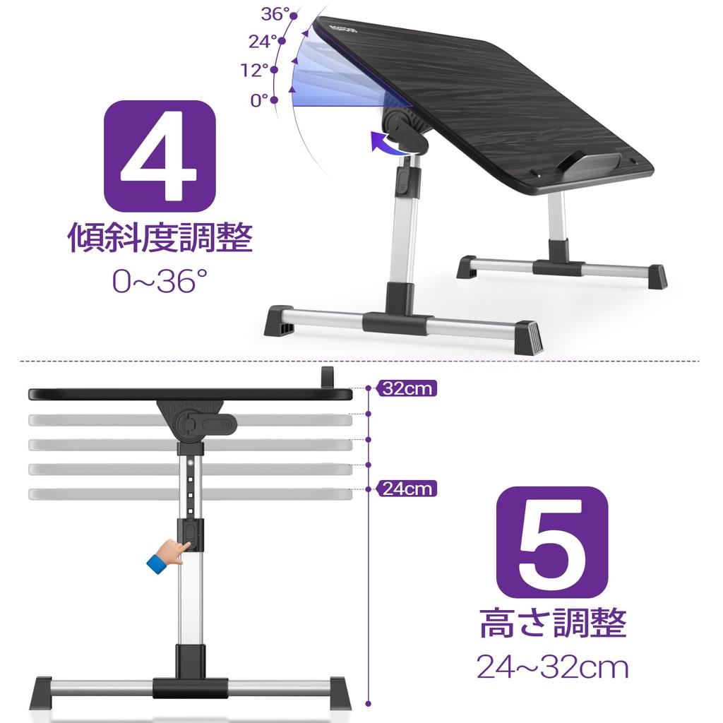 NEARPOW Foldable Laptop Table with 4 Assembly and Adjustable Height and Suitable for and Dining Stand/Bed Steps, Ambidextrous, Right-Handed,