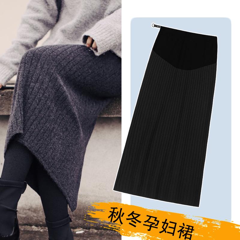 

Knitted Maternity High Waist Slim Fit Skirt - Autumn/Winter Style with Belly Support, Hip Hugging Slit Design for Trendy Moms Large