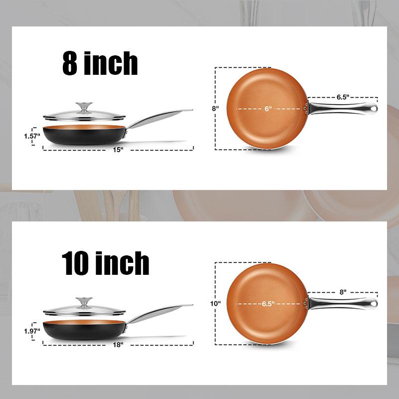 8"10" Copper Nonstick Frying Pan with Lid Titanium Ceramic Interior Saute Pan Omelet Pan Kitchen Cooking Skillet Cookware