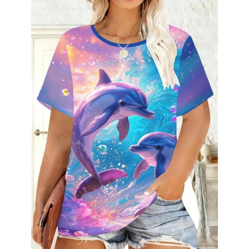 Summer Ladies 3D Dolphin Print Crew Neck T-Shirt