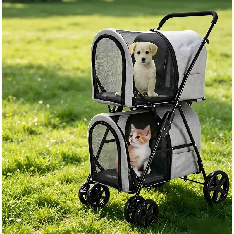 for Large Luxury Designer Double Dog Stroller Foldable 4-Wheel Trolley 4-in-1 Twin Pet Stroller for Dogs and Cats