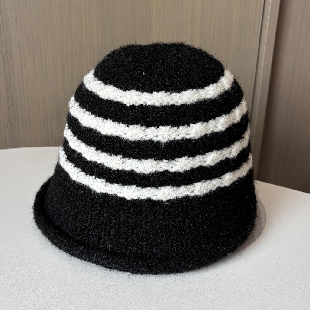 Japanese Striped Retro Knitted Bucket Hat Women'S Warm Wool Hat Versatile Big Brim Showing Face Small Bucket Hat