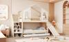 Children's Bunk Bed 90 X 200 Cm, House-Shaped with Curved Windows, with Storage Ladder and Slide, Drawers, Double Bed, Wood Color